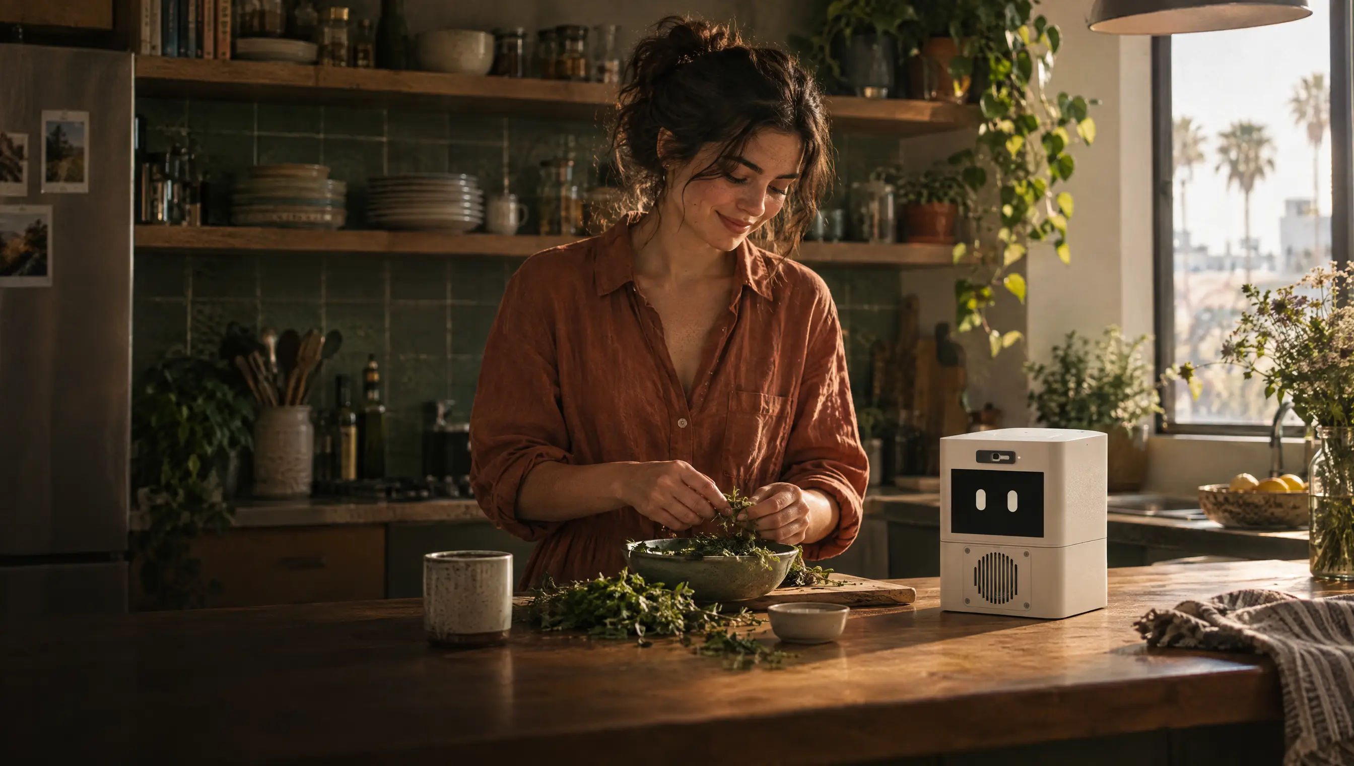 Preparing dinner in a warm kitchen with Lumi on the counter