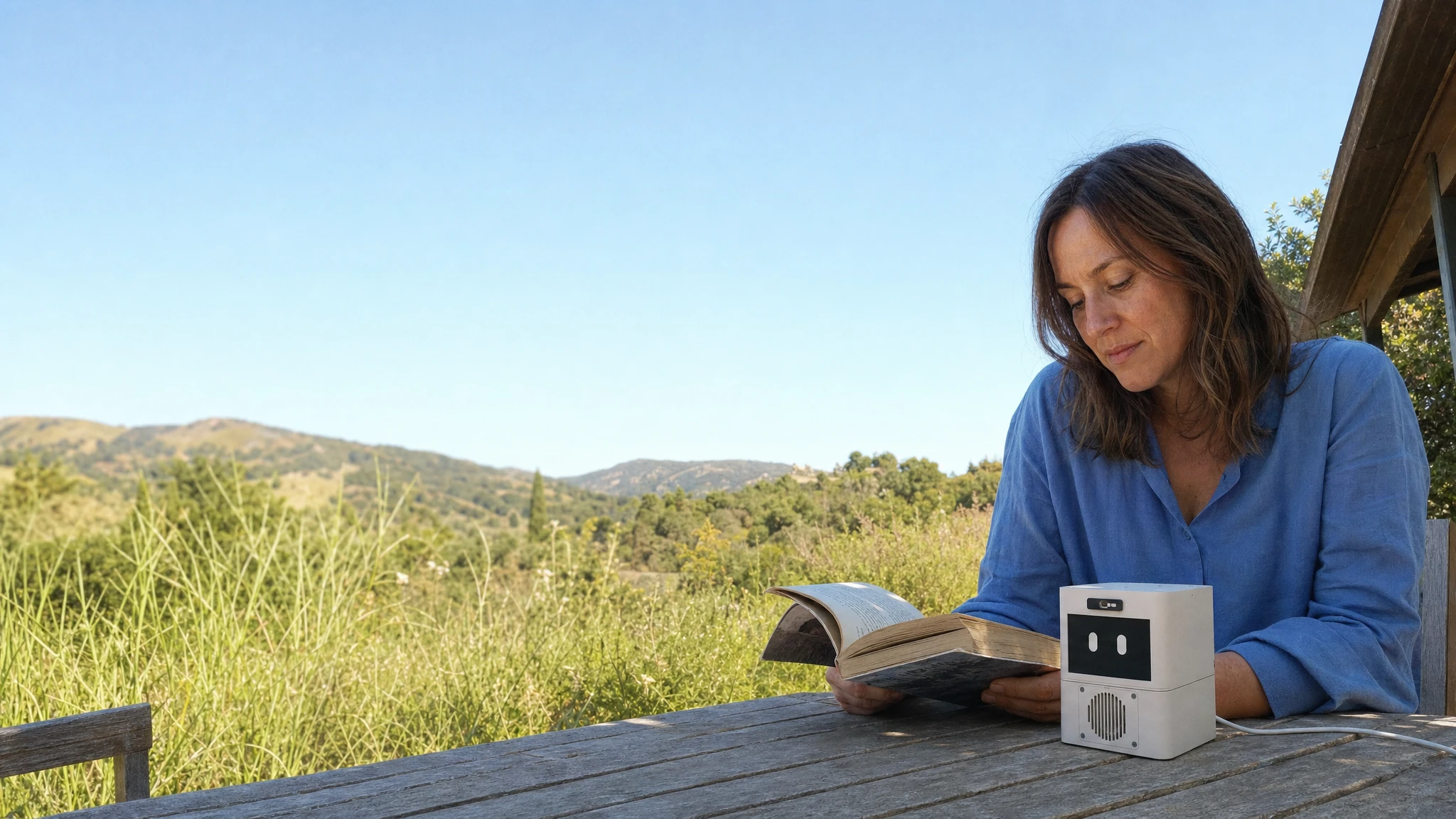 Reading outdoors with Lumi at a wooden table